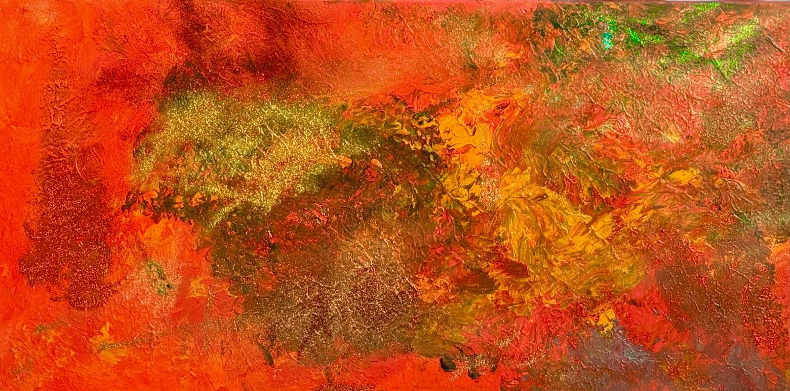 Das goldene Feuer und Der Bernsteinnebel – abstraktes Impasto-Gemälde von Aya (Olga Kühhas), 70 × 140 cm