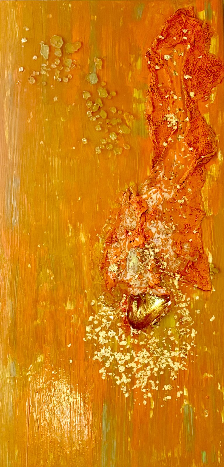 Gold-bernsteinfarbenes Leuchten – abstraktes Impasto-Gemälde von Aya (Olga Kühhas), 140 × 70 cm